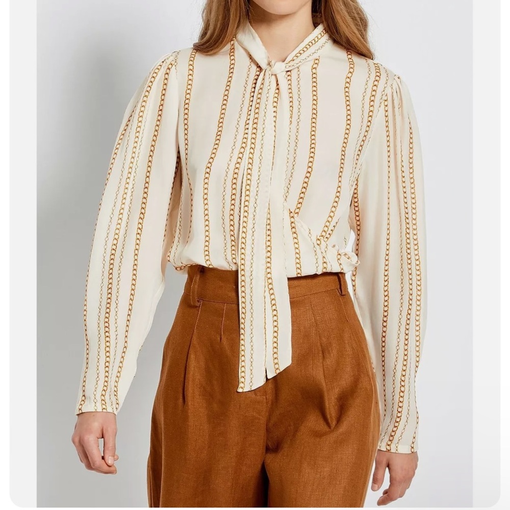 Nicholas Womens Ivory Striped Long Sleeve Tie Neck Top